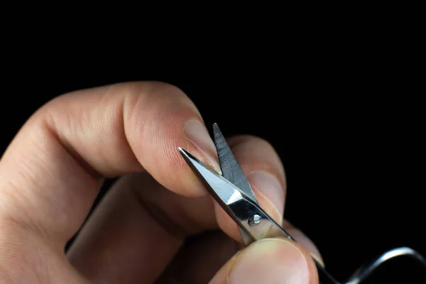 Man Making Manicure Scissors Procedures Home Cutting Nails — Stock Photo, Image