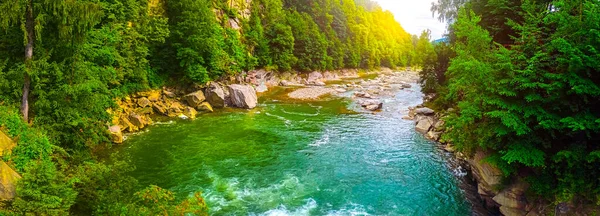 Dağlardaki panorama manzarası. Çevresinde yeşil ağaçlar olan güzel bir nehir. İnanılmaz bir doğa. Seyahat tutkusu konsepti.
