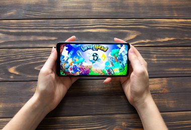 LVIV, UKRAINE - 25 Ekim 2020: Modern akıllı telefon üzerinde mobil oyun Levelhead oynamak.