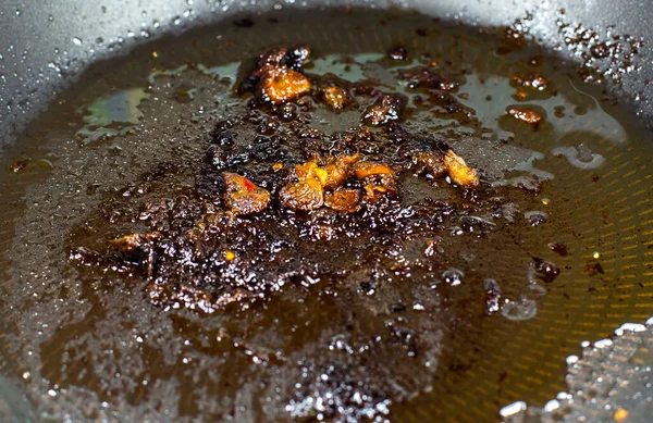 Burnt pan with oil. Fat leftovers close up. Unhealthy food. Damaged kitchenware.