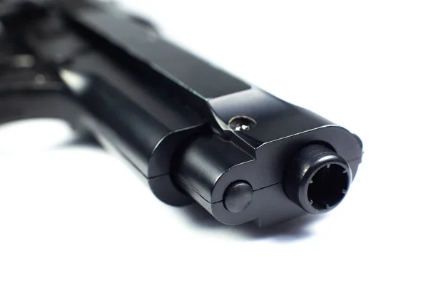 Cañón Arma Negra Pistola Yace Sobre Fondo Blanco Cerca — Foto de Stock