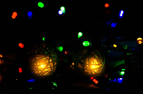 Luces Navidad Cerca Foto Ambiente Acogedor Noche Tiempo Festivo Concepto —  Fotos de Stock