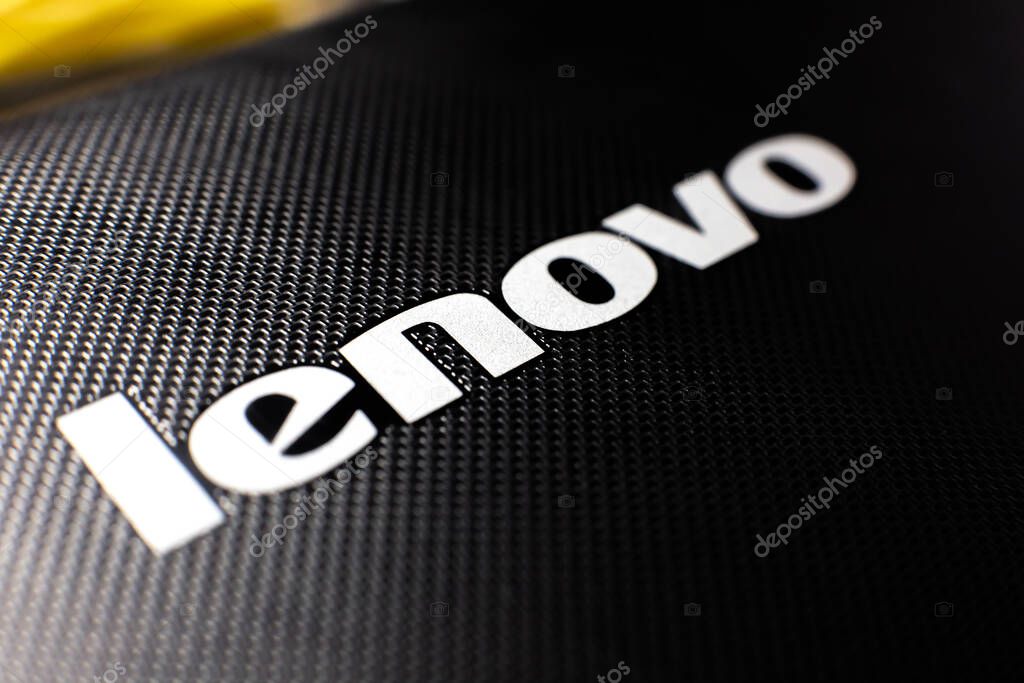 LVIV, UKRAINE - October 03, 2020 : Lenovo label closeup photo.