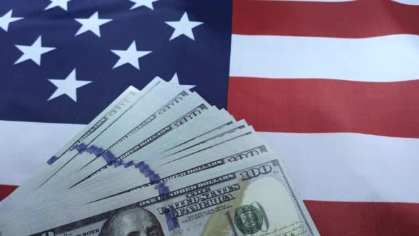 Concepto Sistema Corrupción Bandera Americana Con Dólares Mano Del Hombre — Vídeo de stock
