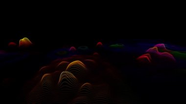 Güzel müzik efektleri. Soyut dalga görüntüleme, üç boyutlu modülasyon. Hareket eden dijital çizgileri olan modern geometrik arkaplan. Renkli fütürist animasyon. DJ partisi.