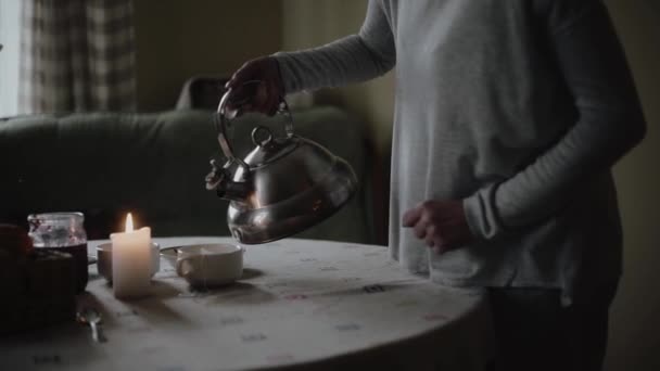 Woman Pours Hot Tea Teapot Cup — Stock Video