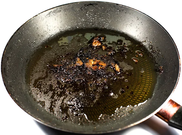 Burnt pan with oil. Fat leftovers close up. Unhealthy food. Damaged kitchenware.