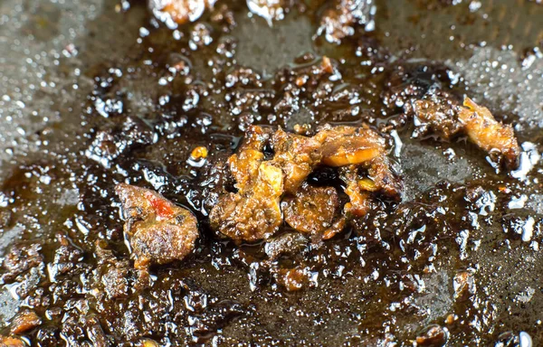 Burnt pan with oil. Fat leftovers close up. Unhealthy food. Damaged kitchenware.