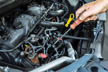 Adam bir arabayı tamir ediyor. Aletler ellerde. Aracın kaputunu aç.