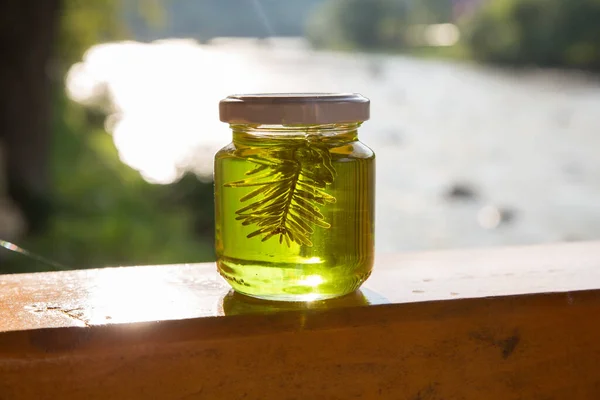 Green herbal honey with pine needles inside. Eco friendly food. Natural concept of healthy lifestyle. Curte jar in summer lights.