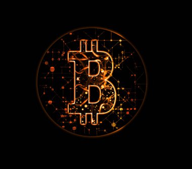 Siyah arka planda bitcoin işareti var. Yeni yatırım fikirleri.