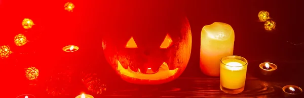 Halloween Pumpkin Darkness Lights Lamps Candles Mystical Autumn Holiday Festive — Stock Photo, Image