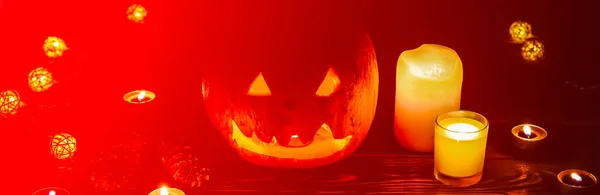 Zucca Halloween Nel Buio Luci Lampade Candele Vacanza Autunnale Mistica — Foto Stock