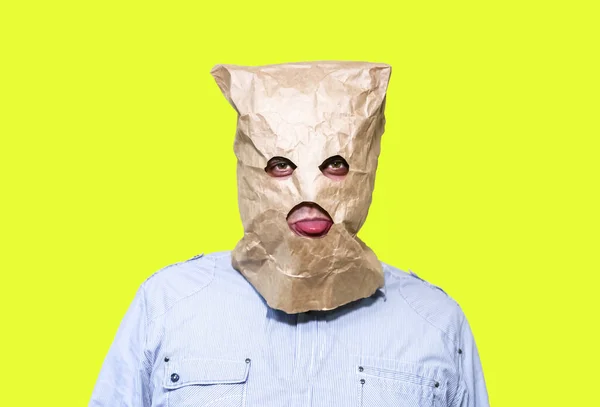 Kraft Paper Bag Man Head Isolated Yellow Background Holes Eyes — 图库照片