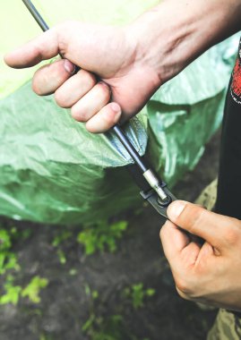 Çadır kuran adam. Turist açık havada. Ormanda kamp yapmak..