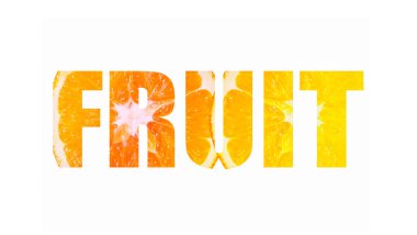 Meyve kelimesi. Sağlıklı yiyecekler. Doğal turuncu doku arka planı. Reklam için kavram. İzole edilmiş resim.