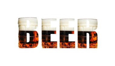 Bira sözcüğü. Alkol için gözlük. Reklam için kavram. Beyaz arkaplanda izole.