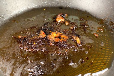 Yağ ile yanmış tava. Yağlı artıklar kapanıyor. Sağlıksız yiyecekler. Hasarlı mutfak eşyaları.