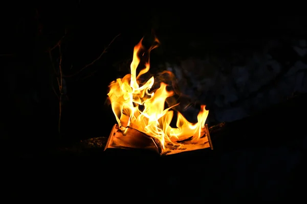 Burning book on fire at night. People don\'t like reading. Intellectual problems.