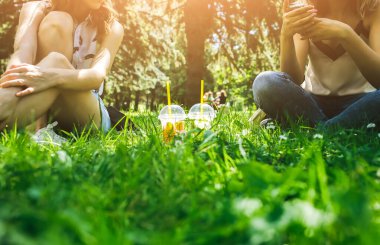 İki hippi kız yaz kokteylleriyle çimlerin üzerinde oturuyorlar. Buzlu alkolsüz soğuk içecekler. Mojito ve limonlu çilekli limonata, soda ve naneli. Tazelik ve tatiller.