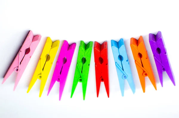 Colorful Wooden Clothespins White Background Close Copy Space — Stock Photo, Image