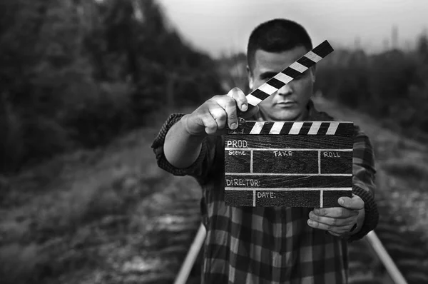 Guy Holding Black Clapperboard Hands Man Directing Filming Some Amateur — Stock Photo, Image