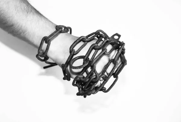 Hands Old Rusty Chains Man Trap Slave Concept Isolated White — Stock Photo, Image