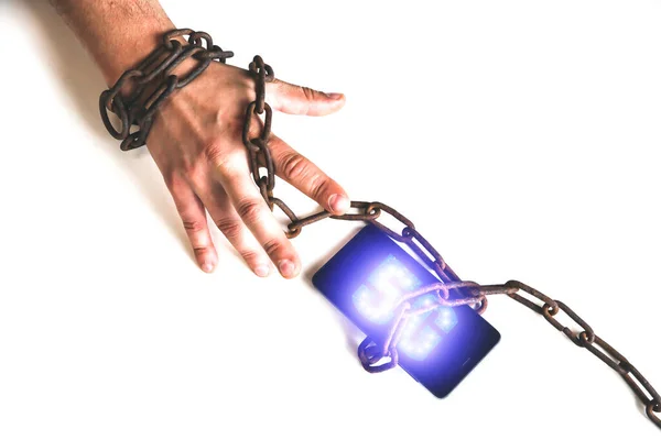 Rusty Chains Smartphone Sign Hand Addicted Modern Technologies Dangerous Connection — Stock Photo, Image