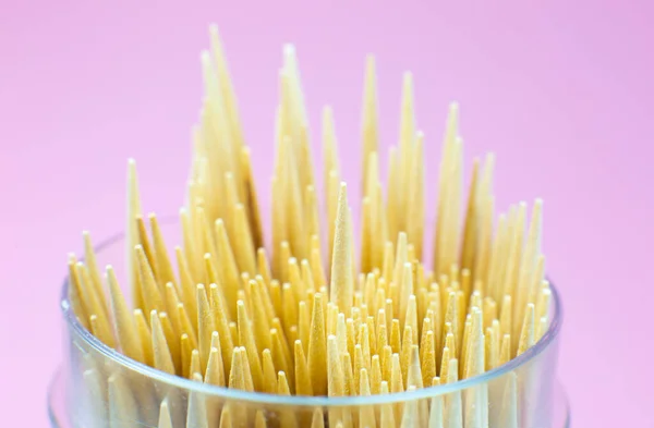 Wooden Toothpicks Macro Photo Close Pink Background — Stock Photo, Image