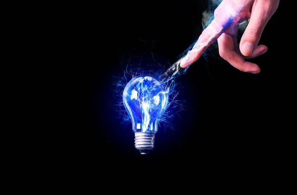 Man Touching Lamp Bulb New Idea Concept Blue Lightning Isolated — Stock Photo, Image