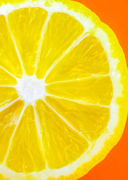 Close Photo Lemon Texture Orange Background Fruit Cut Half Macro — Stock Photo, Image