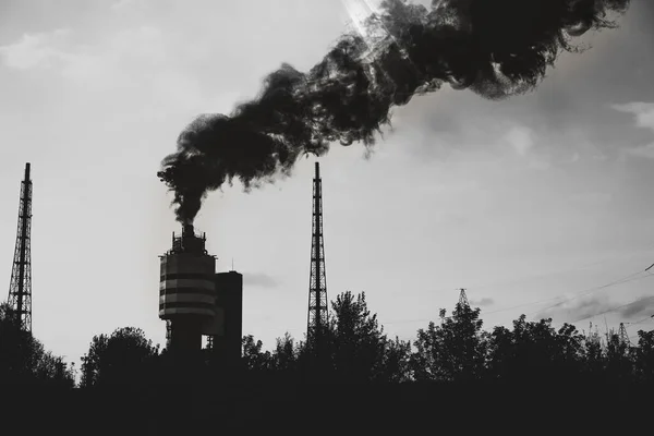 Förorening Naturen Fabriker Med Smog Farlig Rök Luften Svart Och — Stockfoto