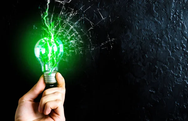 Man Holding Lamp Bulb New Idea Concept Green Lightning — Stock Photo, Image