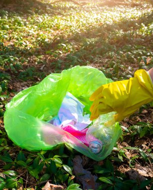 Gönüllüler parktaki çöpü temizliyor. Ormandaki ağaçların etrafında plastik şişe. Enkaz, plastik atık. Çevre Kirliliği. Ekolojik sorun kavramı. Çöpü ve doğanın saçmalıklarını durdurun..