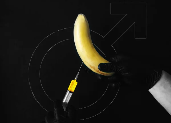 Man Putting Injection Banana Erection Treatment Men Health Problem Penis — Stock Fotó