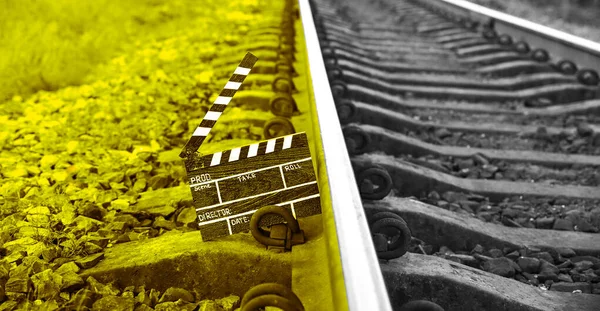 Plaperboard Negro Con Vías Tren Fondo Dirigir Filmar Películas Cine — Foto de Stock