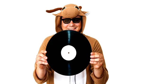 Homme Costume Cosplay Une Vache Avec Disque Gramophone Isolé Sur — Photo