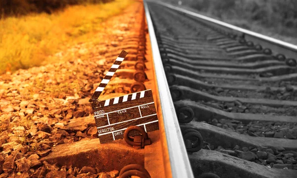 Black Clapperboard Train Tracks Background Directing Filming Cinema Movie Travel — Stock Photo, Image