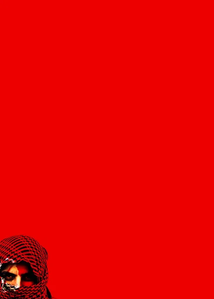 Katona Álruhában Vörös Háttérrel Elszigetelve Egyenruha Kockás Keffiyeh Shemagh Kendő — Stock Fotó