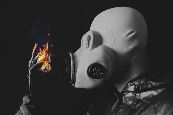 Mannen Gasmasken Håller Blomman Brand Strålningspåverkan Miljöförstöring Tjernobylkonceptet Farlig Kärnkraft — Stockfoto