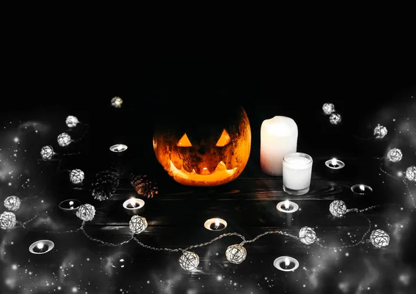 Zucca Halloween Nel Buio Luci Lampade Candele Vacanza Autunnale Mistica — Foto Stock