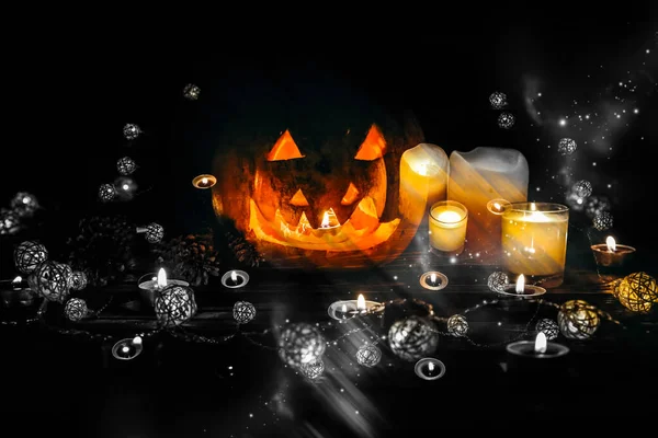 Zucca Halloween Nel Buio Luci Lampade Candele Vacanza Autunnale Mistica — Foto Stock