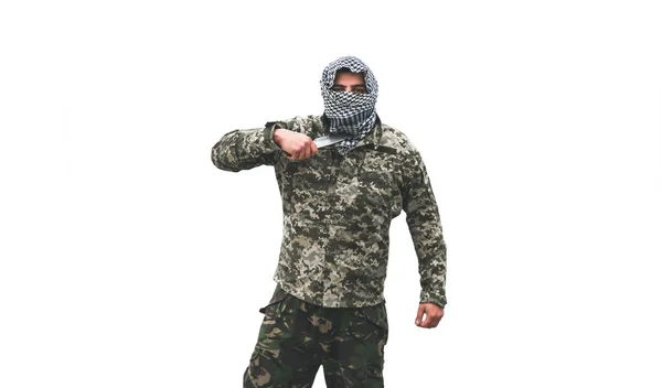 Soldato Piedi Uniforme Mimetica Isolato Sfondo Bianco Controllato Bandana Keffiyeh — Foto Stock