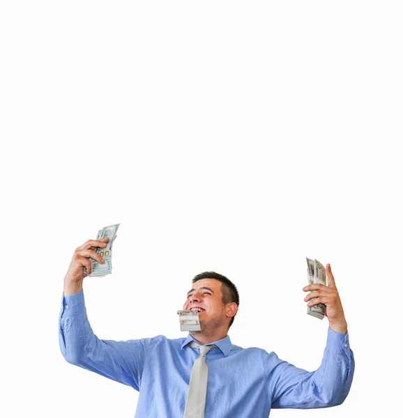 Человек Зарплатой Изолирован Белом Фоне Работник Офиса Доллары Счастливое Лицо — стоковое фото