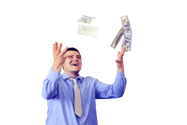 Mann Mit Seinem Gehalt Isoliert Auf Weißem Hintergrund Büroangestellte Und — Stockfoto
