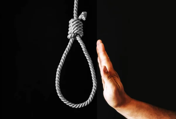Mano Vicino Cappio Sfondo Nero Fermare Concetto Suicidio Impiccato Causa — Foto Stock
