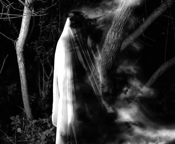 Fantasma Noche Aire Libre Foto Blanco Negro Concepto Película Terror —  Fotos de Stock