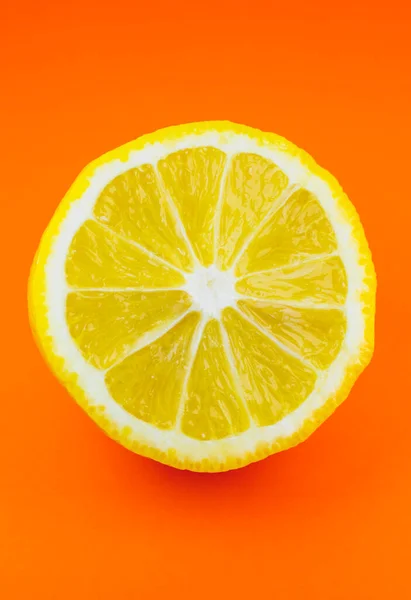 Close Photo Lemon Texture Orange Background Fruit Cut Half Macro — Stock Photo, Image