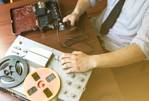 Special Agent Holds Field Telephone Set Ussr Officer Wiretapping Reel — Stock Photo, Image