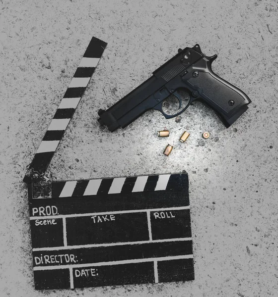 Black Clapperboard Gun Background Directing Filming Cinema Movie Detective Criminal — Stock Photo, Image